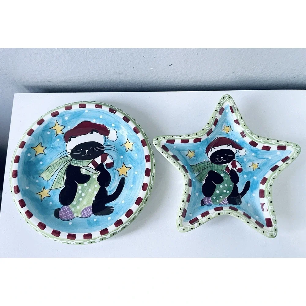 VINTAGE CHRISTMAS CAT‎ & HOLIDAY CERAMIC PLATE HAND PAINTED HAUSENWARE